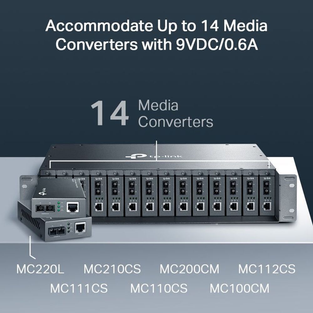 TP-Link media converter chassis with front port modules and rack-mount form factor