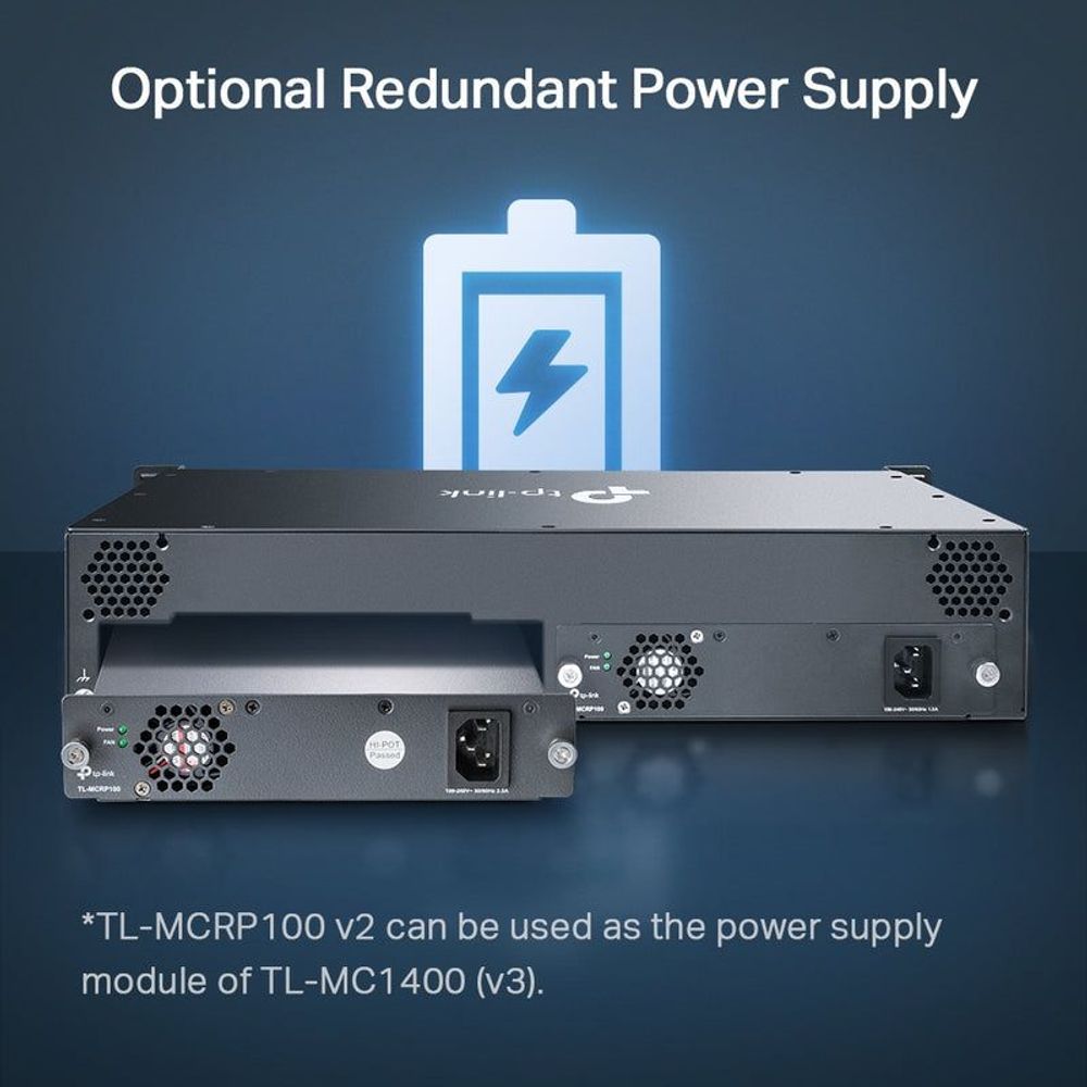 TP-Link 14-slot media converter chassis with rear power-supply bay and fan vents