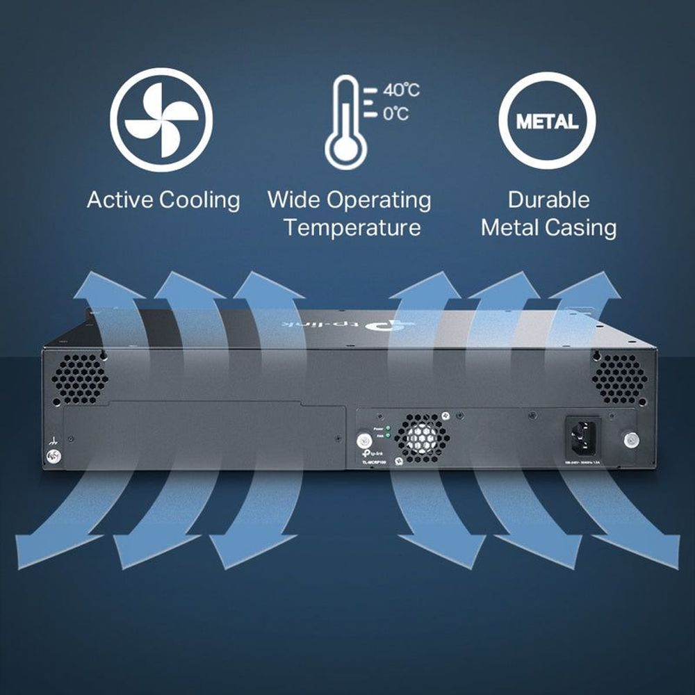 TP-Link media converter chassis rear panel with cooling vents and metal casing