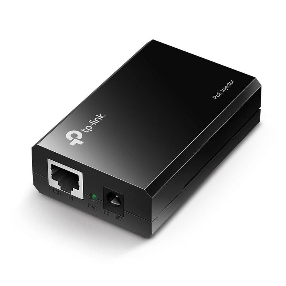 TP-Link Gigabit PoE injector, black housing with front Ethernet ports and PWR LED.
