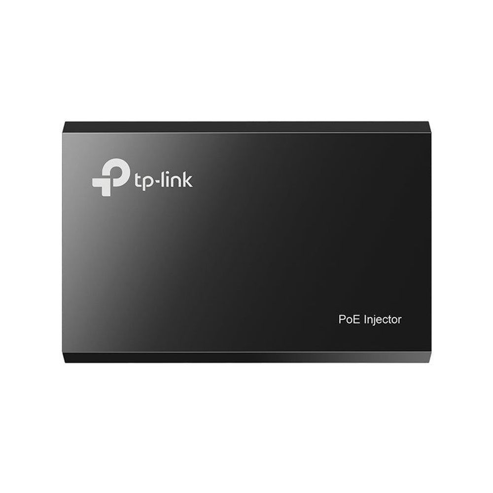 Black TP-Link PoE injector with tp-link logo on front panel.