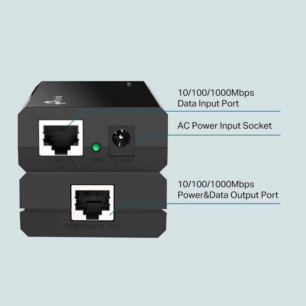 PoE injector rear panel close-up with LAN-in, power/data out ports and DC socket.