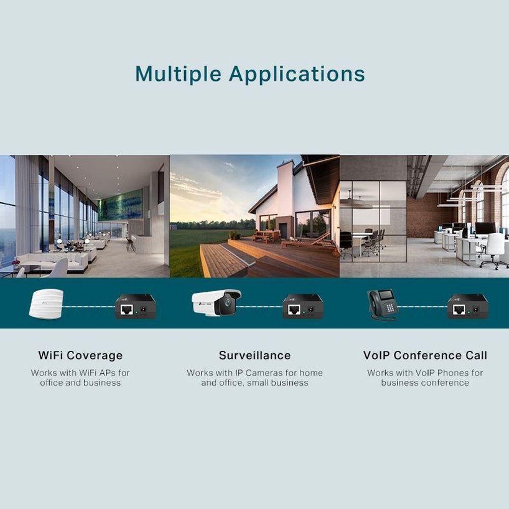 PoE injector multiple applications infographic for Wi‑Fi, surveillance, and VoIP use.
