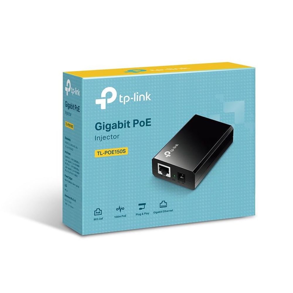 TP-Link Gigabit PoE injector retail box with product image of black injector.