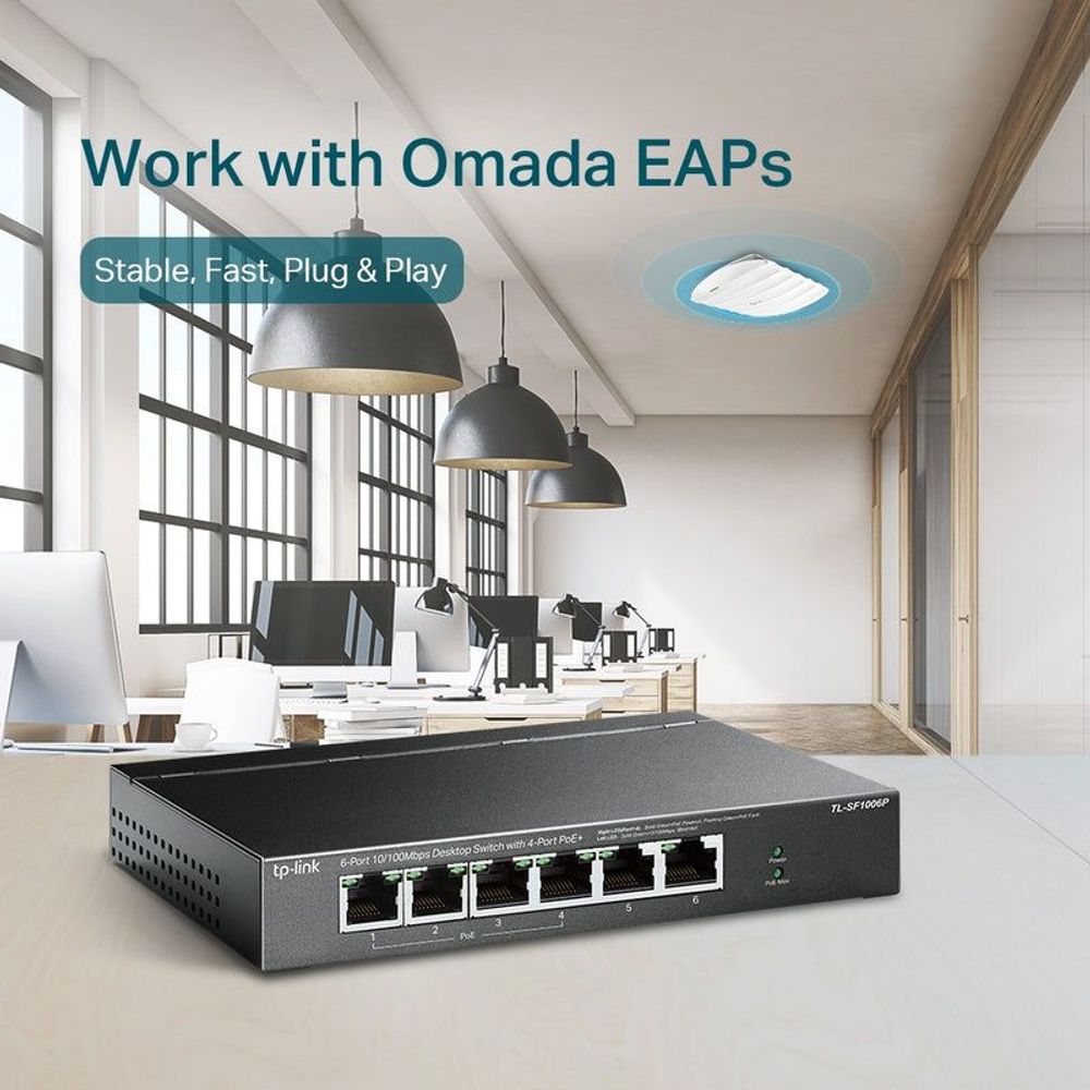 TP-Link 6-port PoE+ desktop switch on desk in an office setting