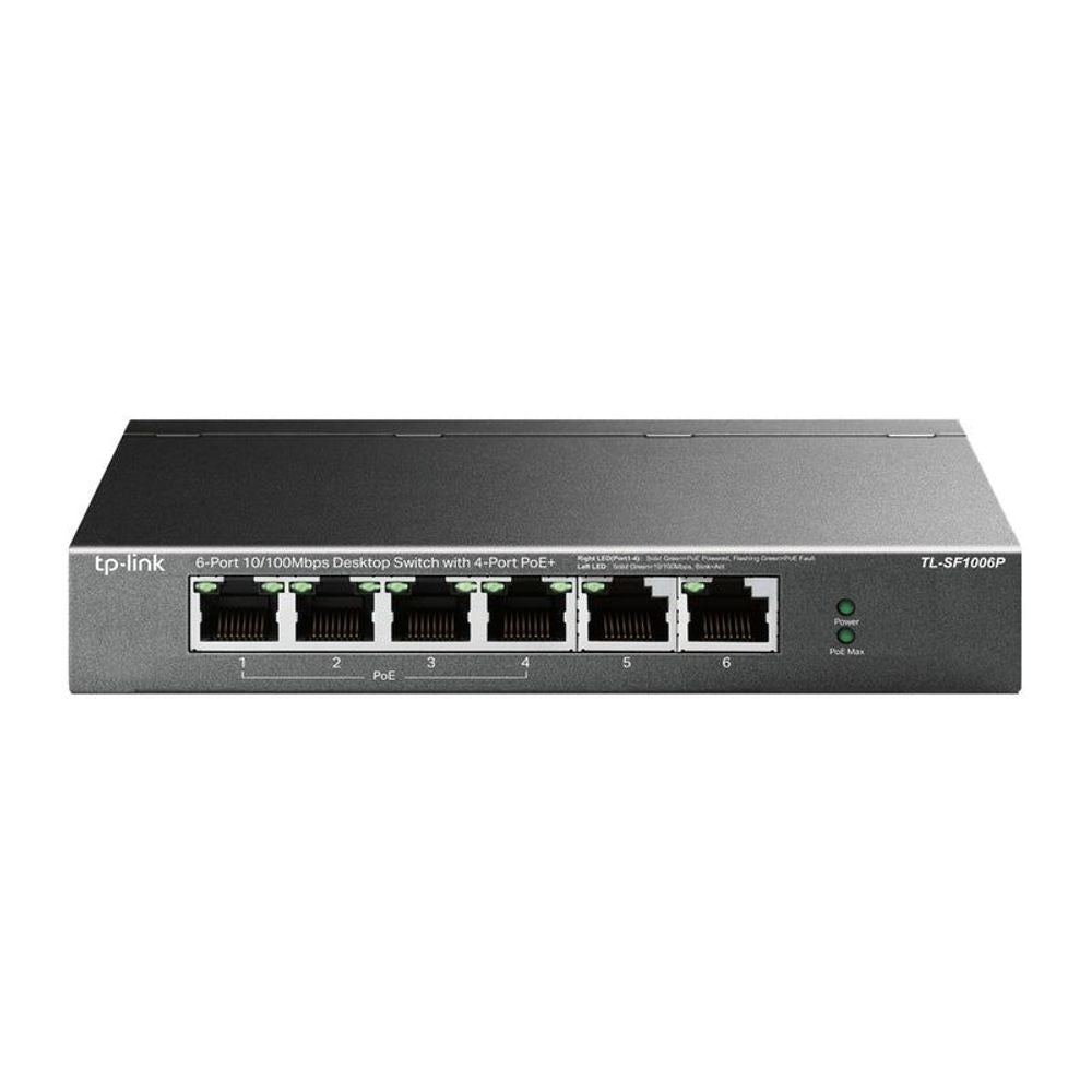 TP-Link PoE+ desktop switch close-up front with 6 RJ45 ports and PoE indicator
