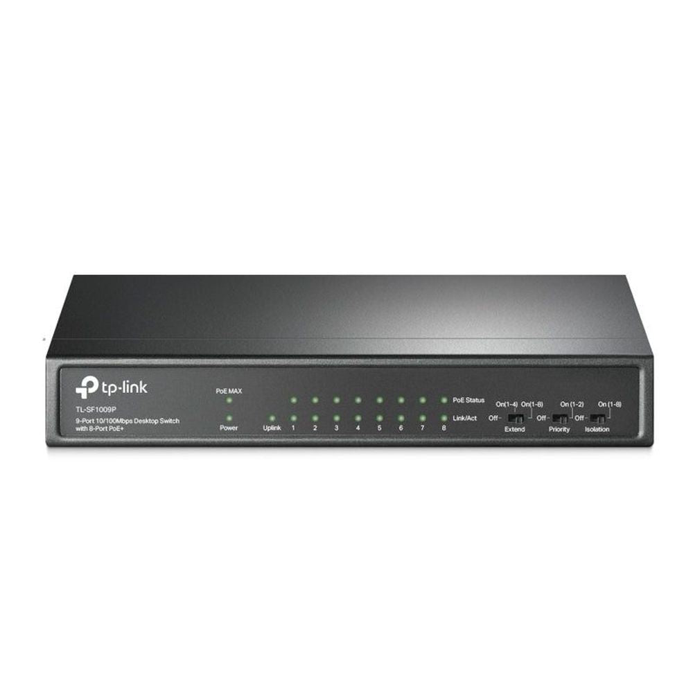 TP-Link desktop 9-port Ethernet switch front view with green LED indicators