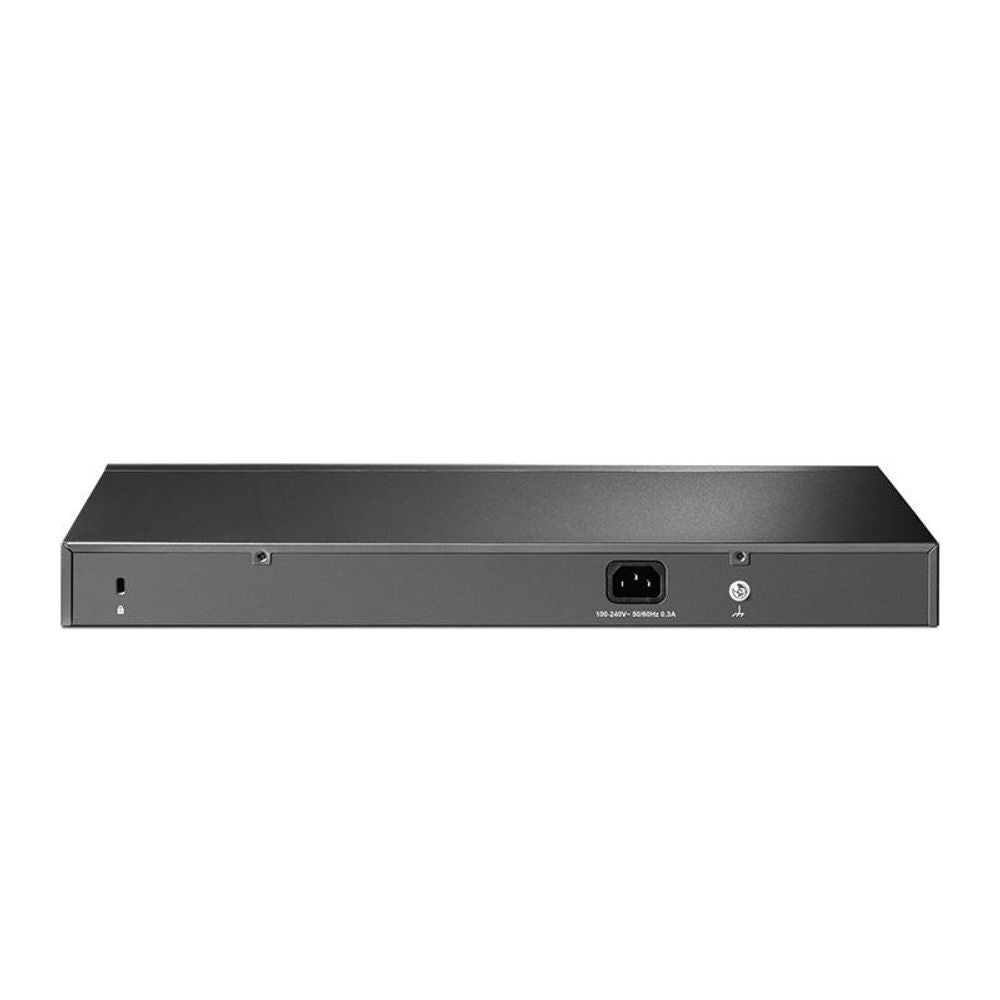 TP-Link 24-port 10/100M metal Ethernet switch rear panel connectors and labels