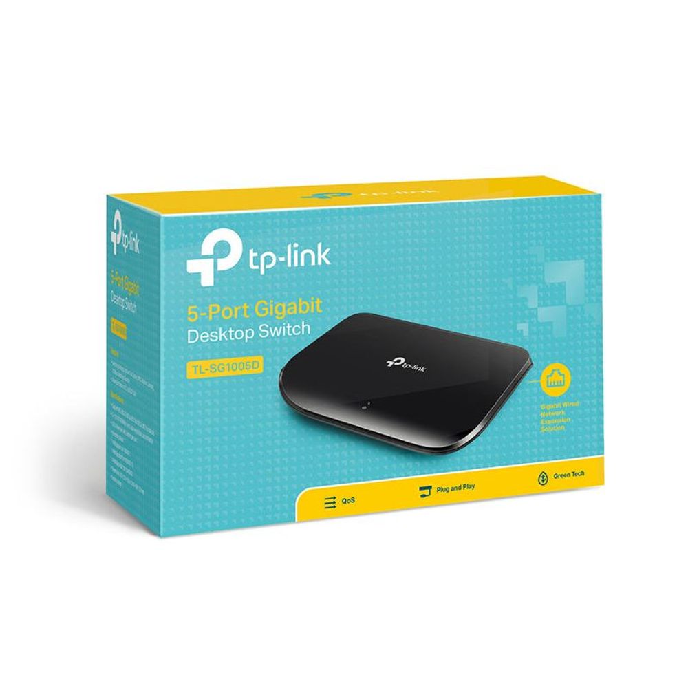 TP-Link 5-port gigabit desktop switch retail box with pictured black switch