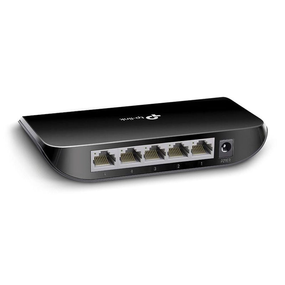 TP-Link 5-port gigabit switch, side view showing Ethernet ports and power jack