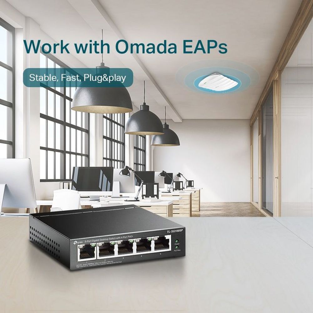 TP-Link TL-SG1005P desktop PoE switch on desk, shown for Omada EAP use