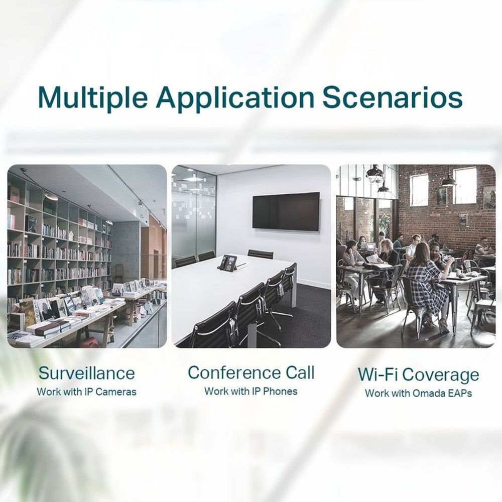 Multiple application scenarios graphic: surveillance, conference call, Wi-Fi coverage