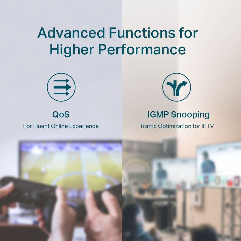 TP-Link PoE switch feature graphics: QoS and IGMP snooping traffic optimization