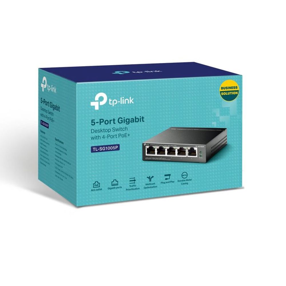 TP-Link TL-SG1005P 5-port Gigabit PoE+ desktop switch retail box with product photo