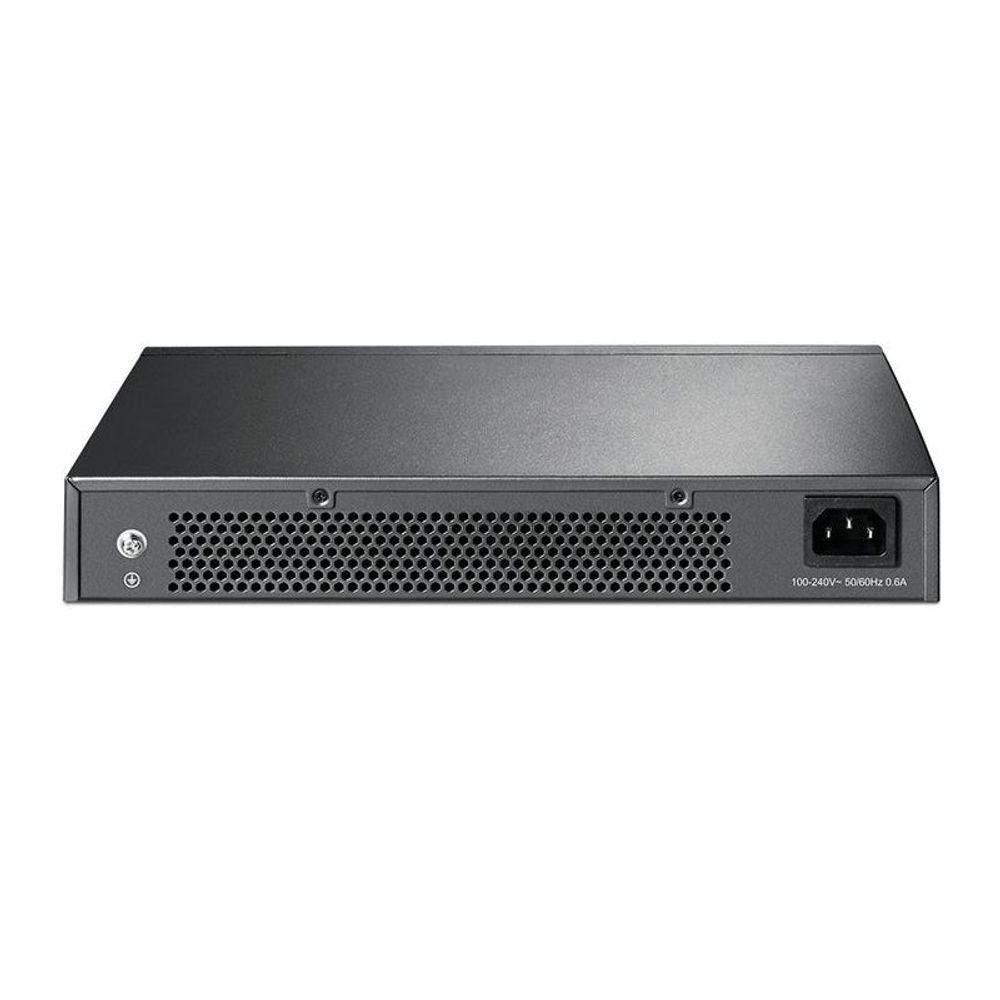 TP-Link gigabit switch rear panel with ventilation grille and AC power input