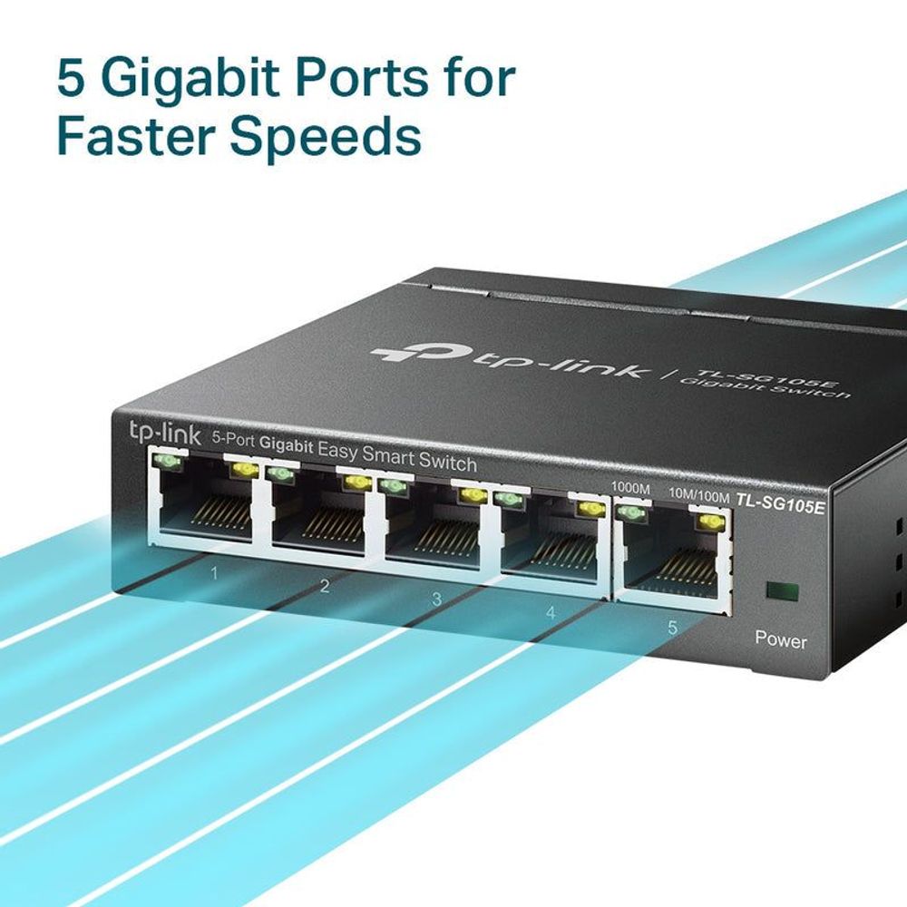 TP-Link 5-port gigabit smart switch with five active ethernet ports on front
