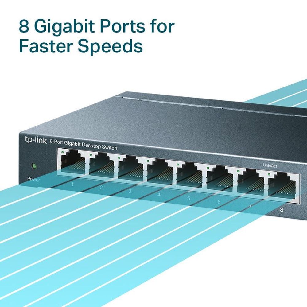 Metal desktop Ethernet switch with eight RJ45 Gigabit ports and numbered port labels