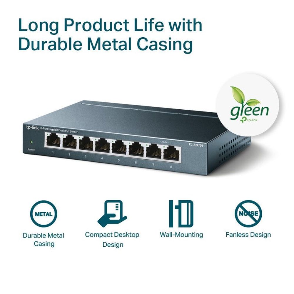 Metal desktop Ethernet switch with front ports; durability and fanless design callouts