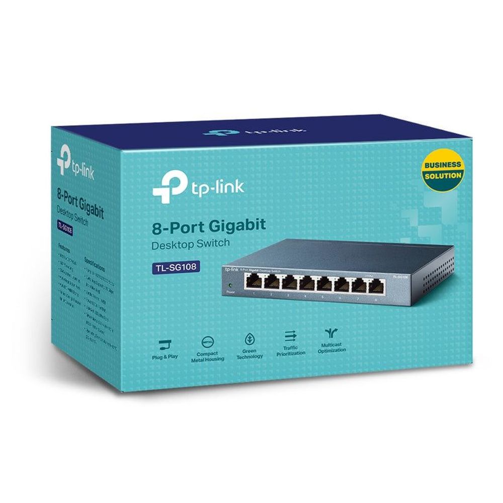 8-port Gigabit desktop switch retail box with product photo and port layout