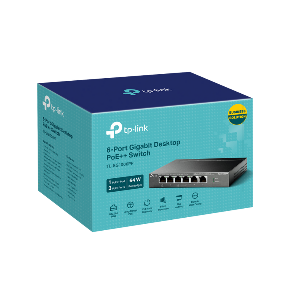 TP-Link Gigabit PoE desktop switch retail box with six-port PoE++ product image