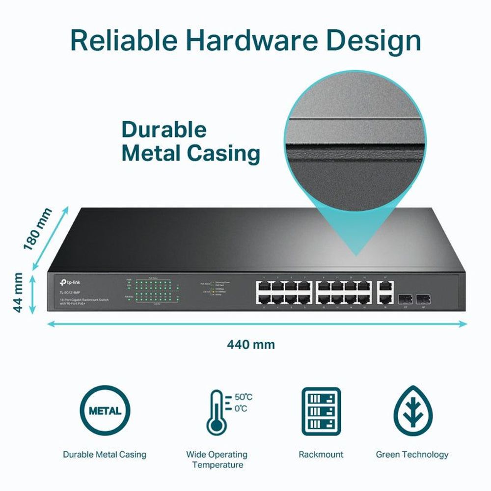 Durable metal rackmount gigabit switch with PoE+ ports; dimensions callouts shown