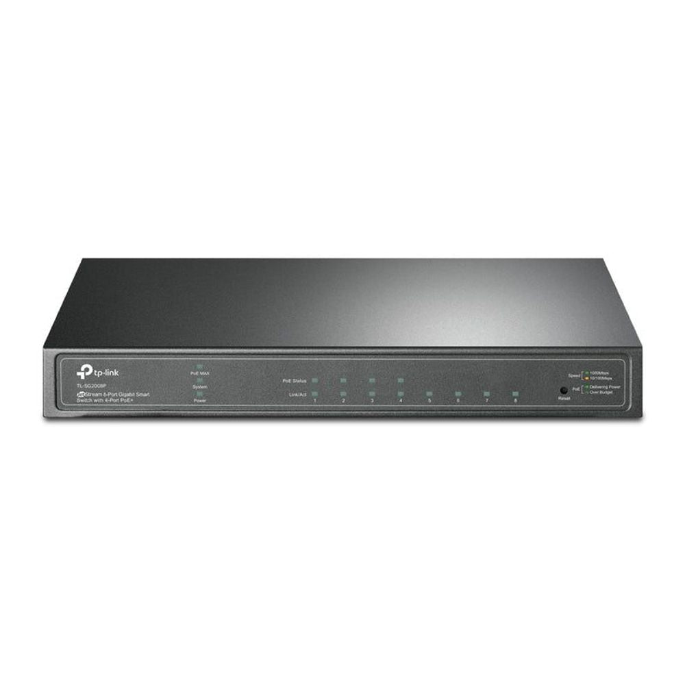TP-Link JetStream smart switch rear panel with ports, buttons, and LED indicators