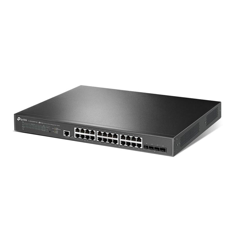 TP-Link JetStream managed switch angled view showing front port row and vented sides