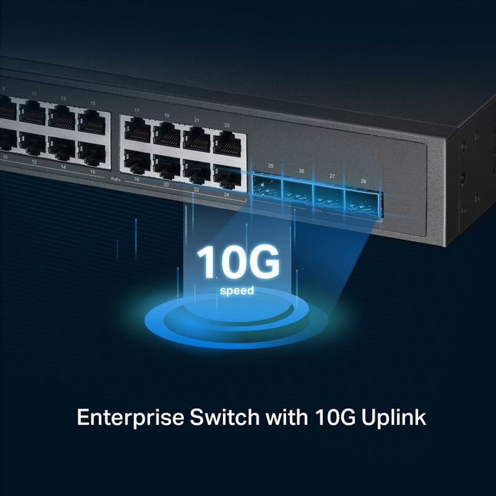 TP-Link JetStream switch close-up of front Ethernet port rows