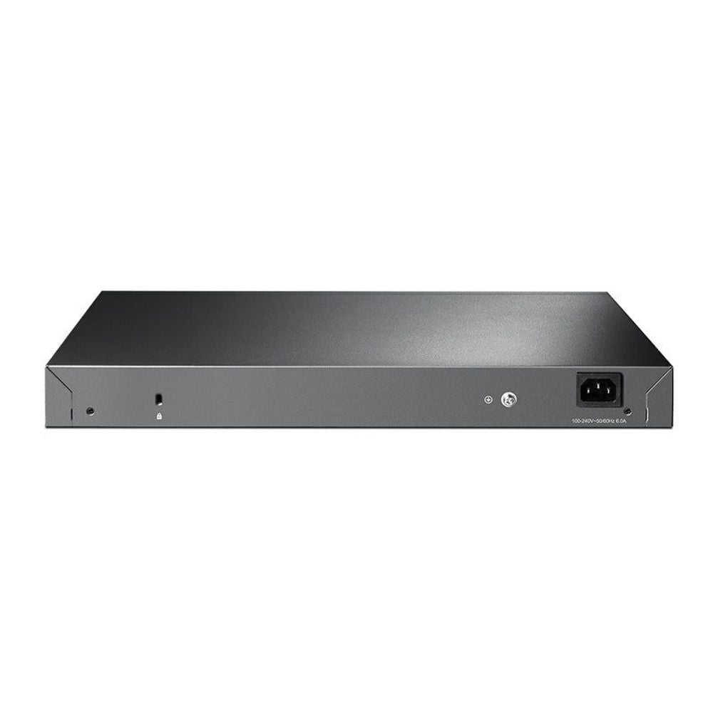 JetStream gigabit PoE+ switch, rear panel with power and connectivity ports