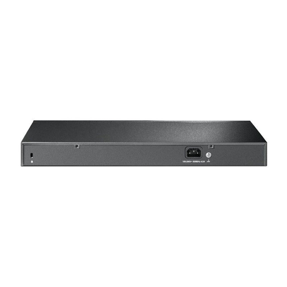 Black TP-Link rackmount switch rear view with power socket, ventilation vents, and ports.