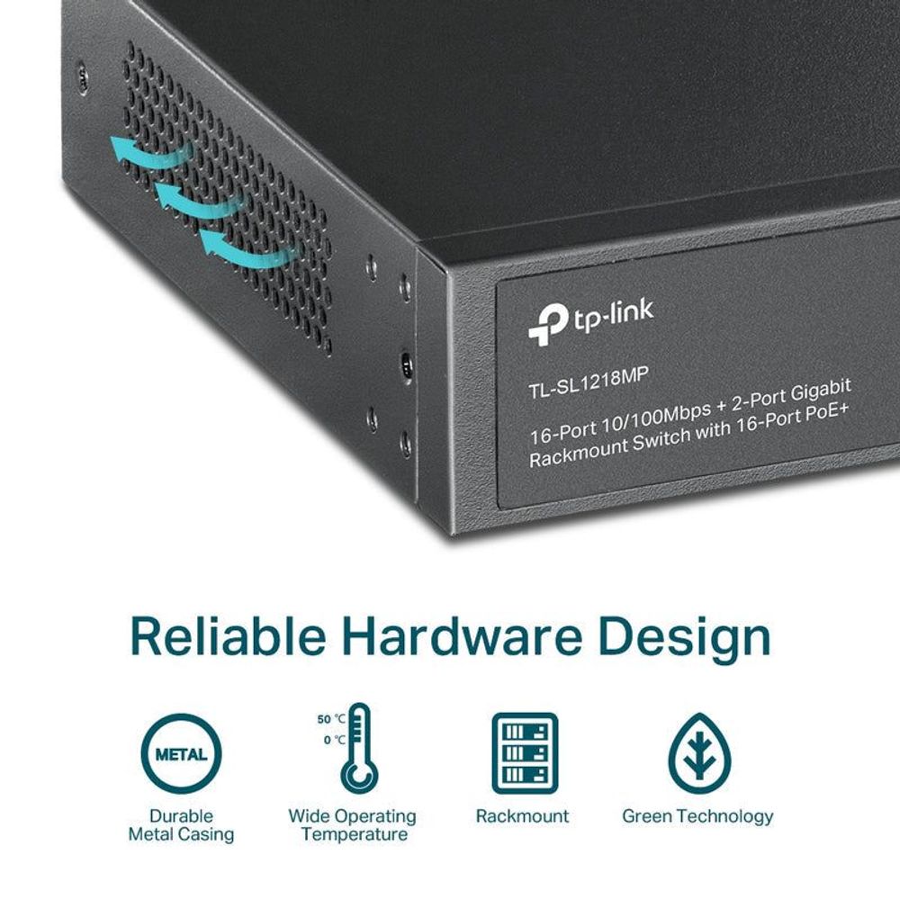 TP-Link rackmount switch side view with cooling vents and port labels.