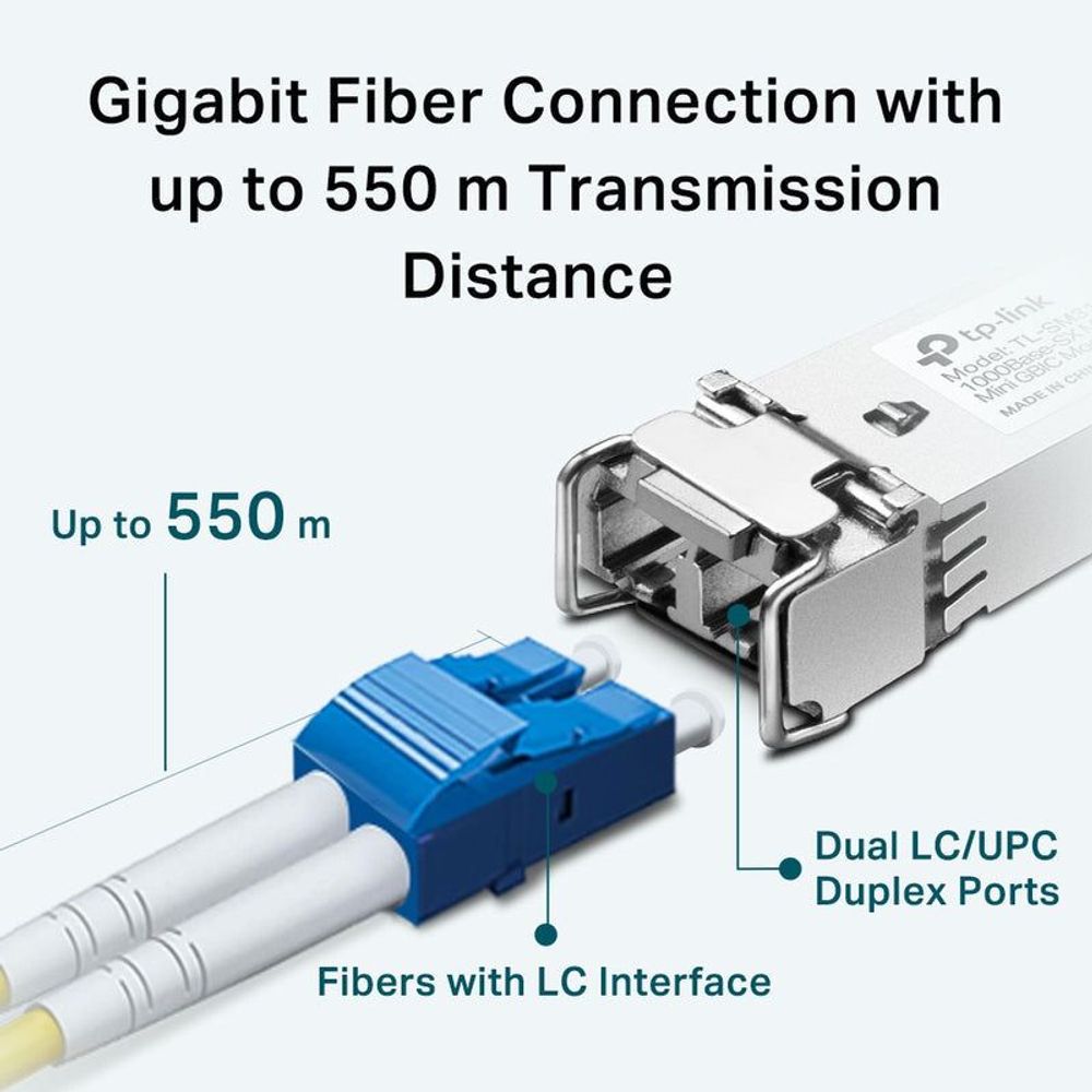 TP-Link gigabit fiber SFP module with dual LC/UPC duplex ports and fiber ends