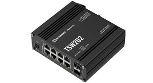 Teltonika TSW202 DIN Rail Mountable Managed PoE+ Switch with 8 x 1Gbps ETH-ports and 2 x SFP
