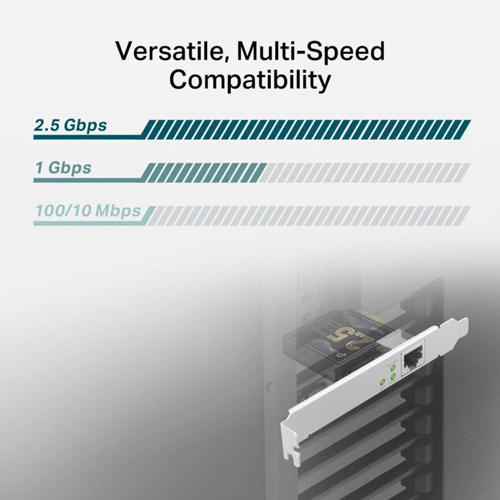 TP-Link TX201 adapter compatibility graphic showing 2.5Gbps and 1Gbps speeds