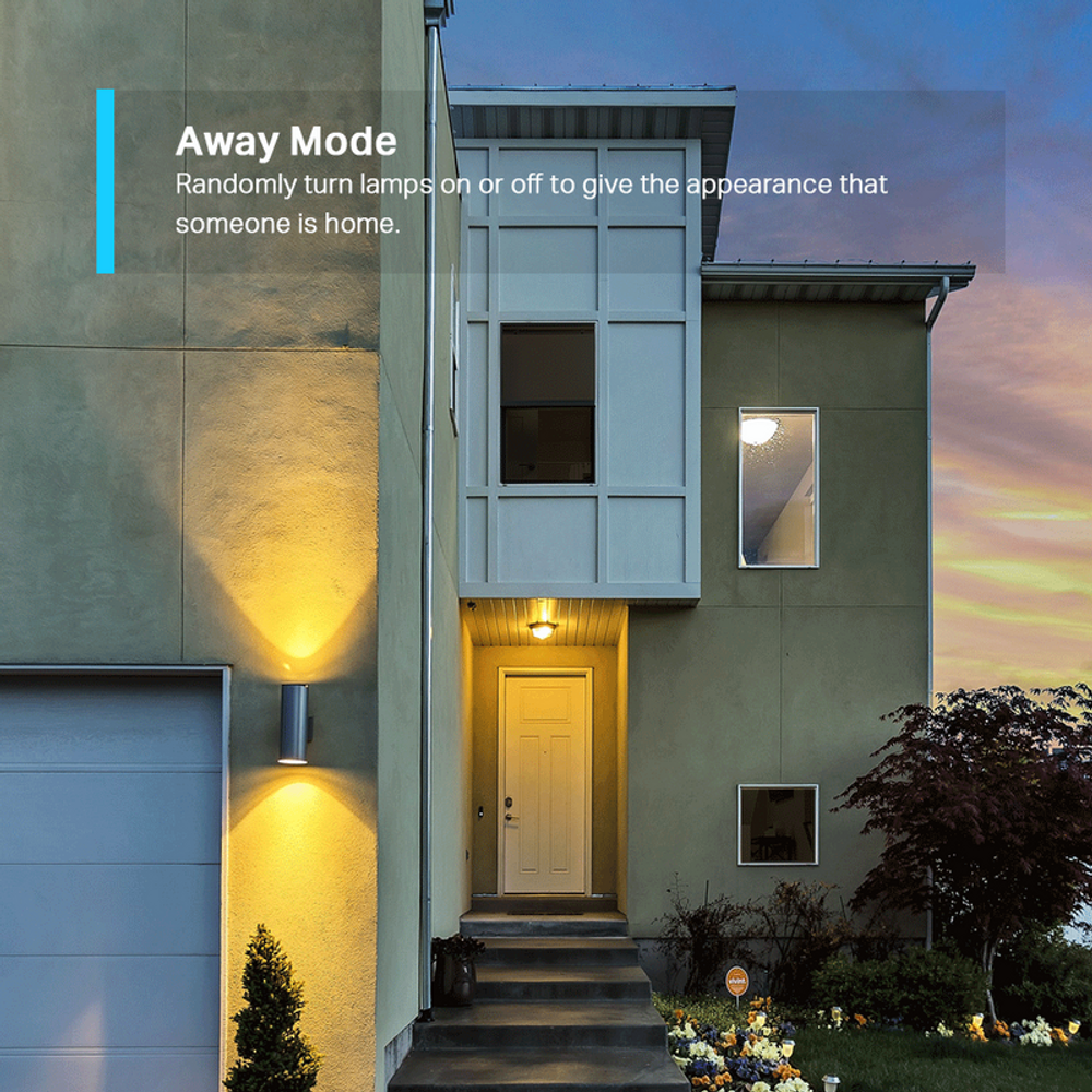 Home exterior entrance with lights on for away-mode control by mini smart Wi‑Fi socket