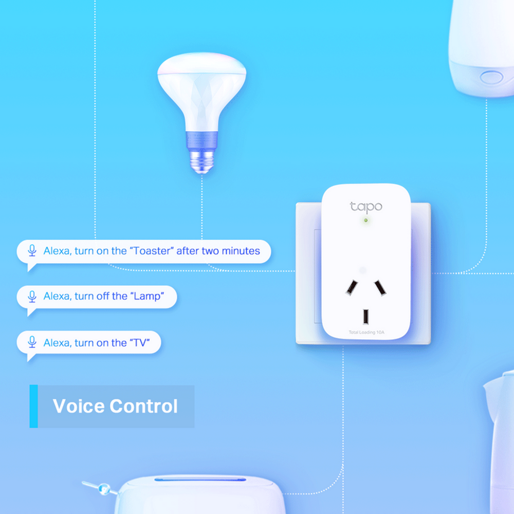 White mini smart Wi‑Fi socket powering a light bulb with voice control prompts