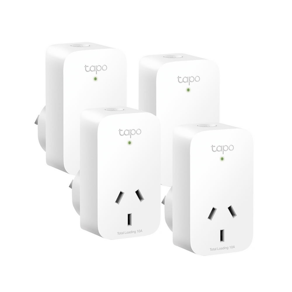 Four-pack of white mini smart Wi‑Fi socket plugs with LED and two angled prongs