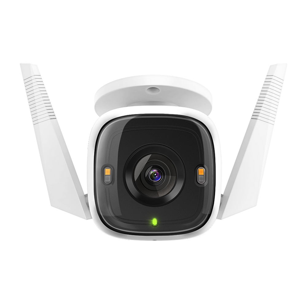 White outdoor Wi‑Fi camera front view with two antennas and black circular lens