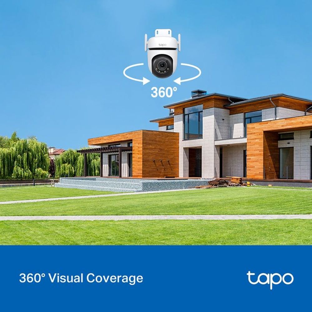 White outdoor pan-tilt security Wi‑Fi camera mounted on a house roof with 360° arrows