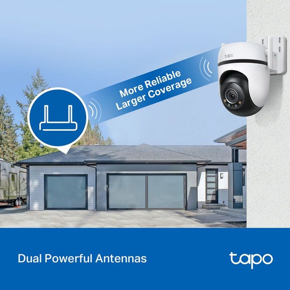 White outdoor security Wi‑Fi camera wall-mounted with broadcast range icons
