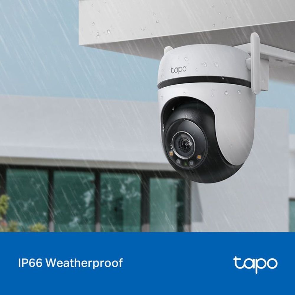 White IP66 weatherproof outdoor security Wi‑Fi camera with rain droplets on lens housing