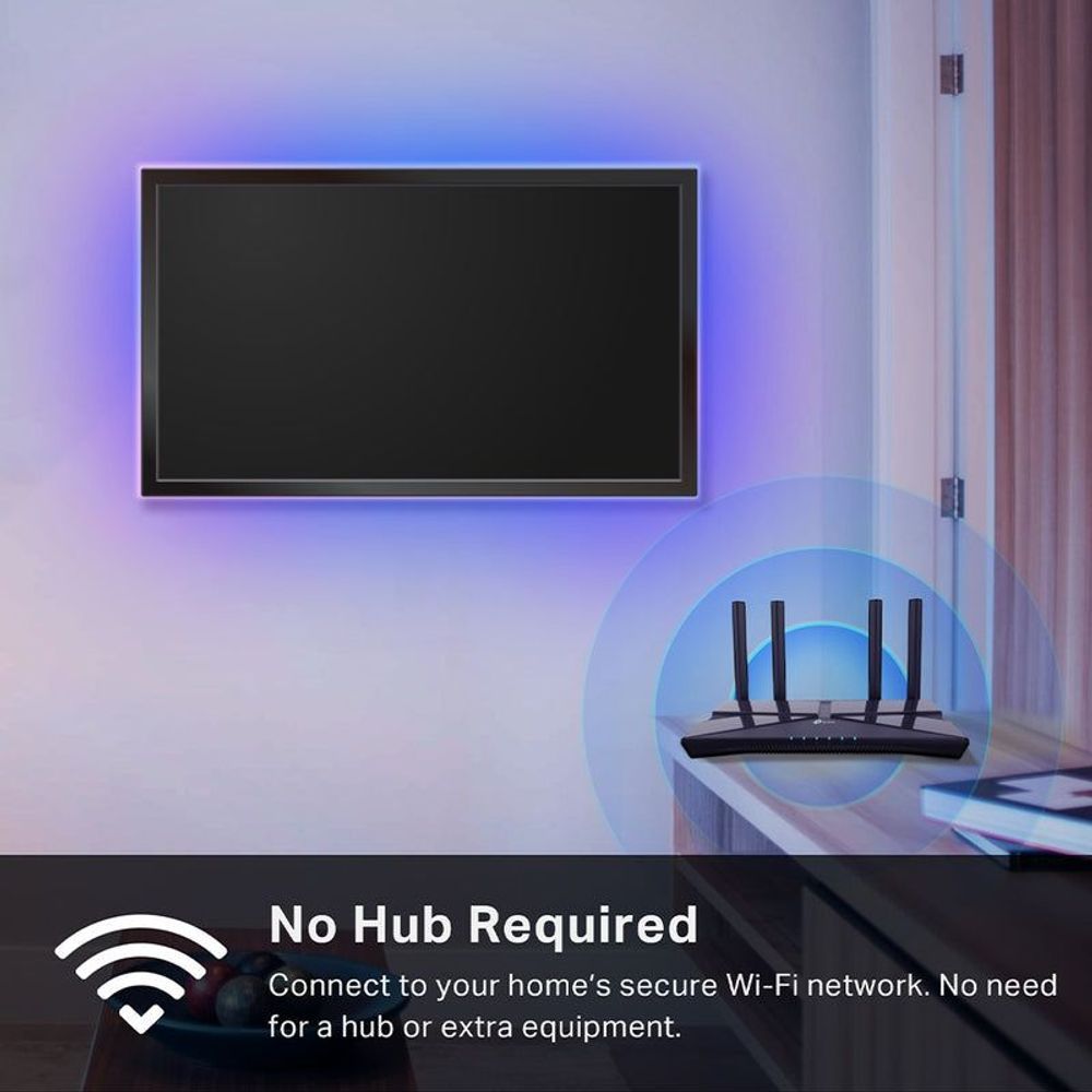 TP-Link Tapo smart Wi-Fi light strip creating soft purple room lighting