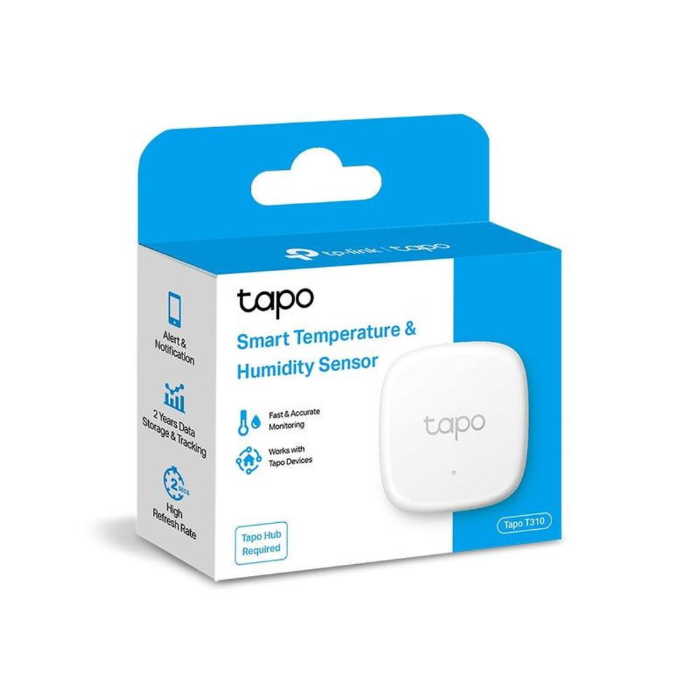 Smart temperature and humidity monitor retail box with small white tapo sensor