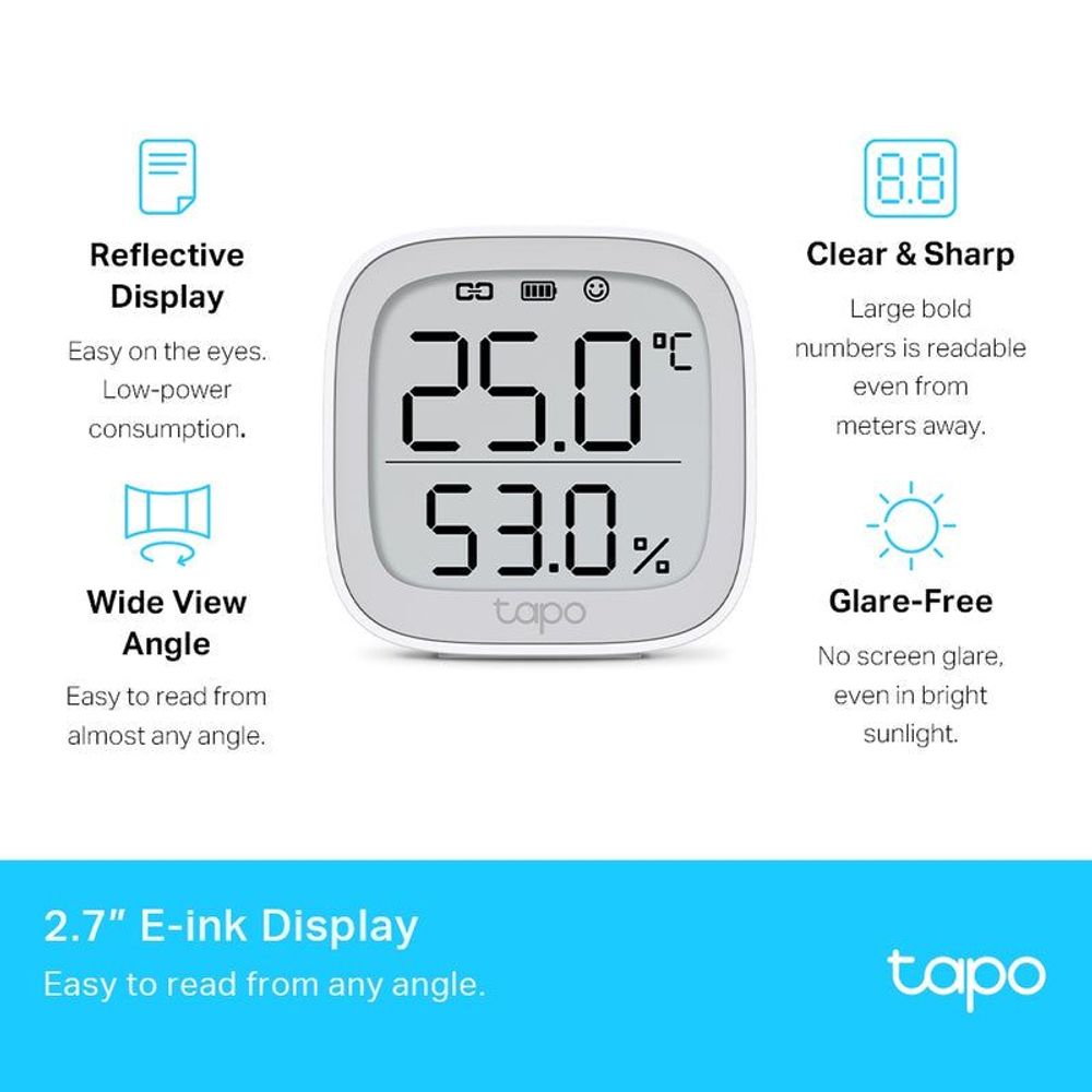White smart temperature and humidity monitor with large clear e-ink numbers