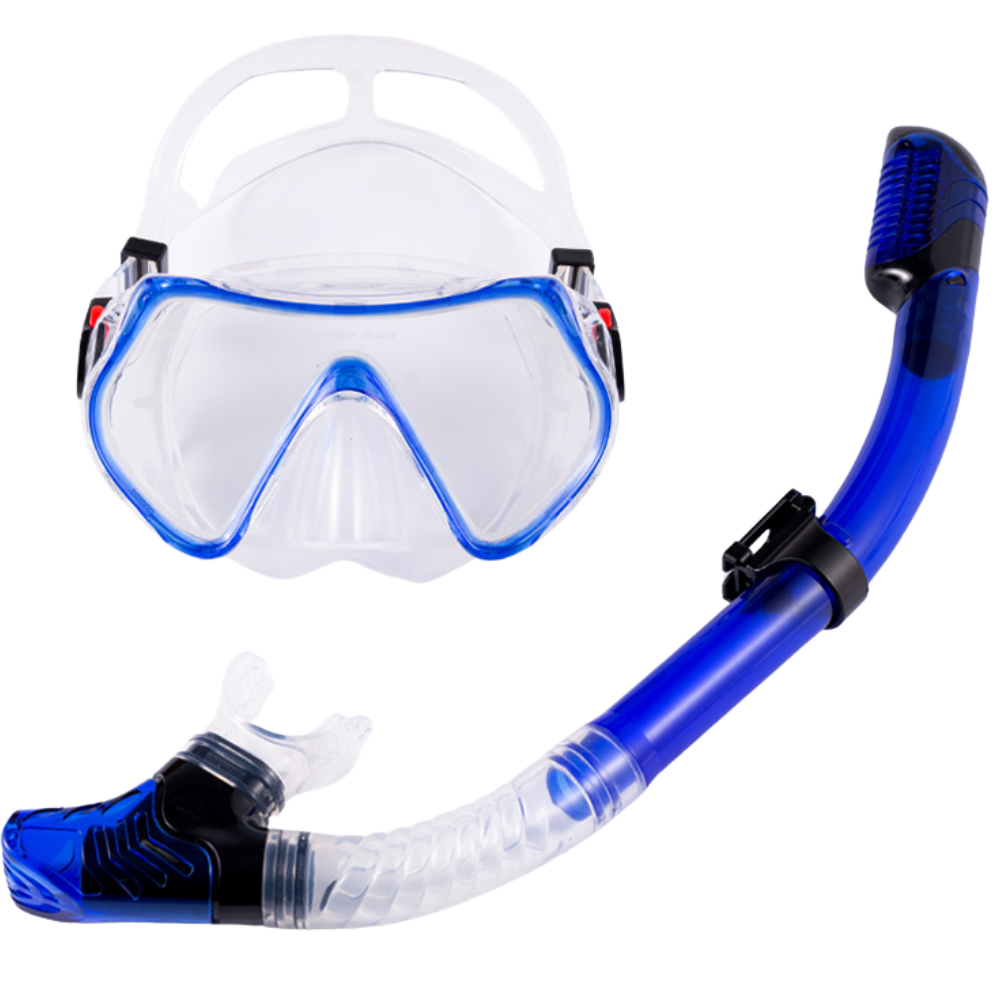 Blue silicone snorkel mask and snorkel set with white snorkel tube