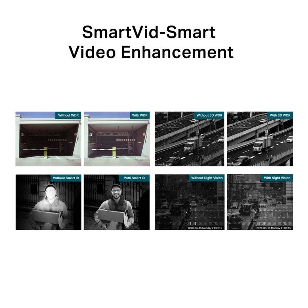 SmartVid smart video enhancement comparison graphic with day and night frames