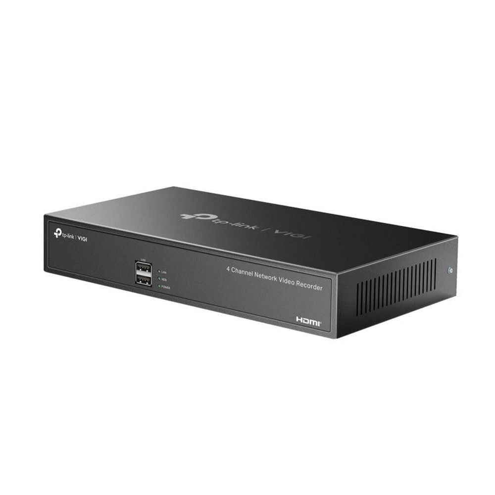 TP-Link VIGI 4-channel NVR desktop unit, black casing with front ports and vents
