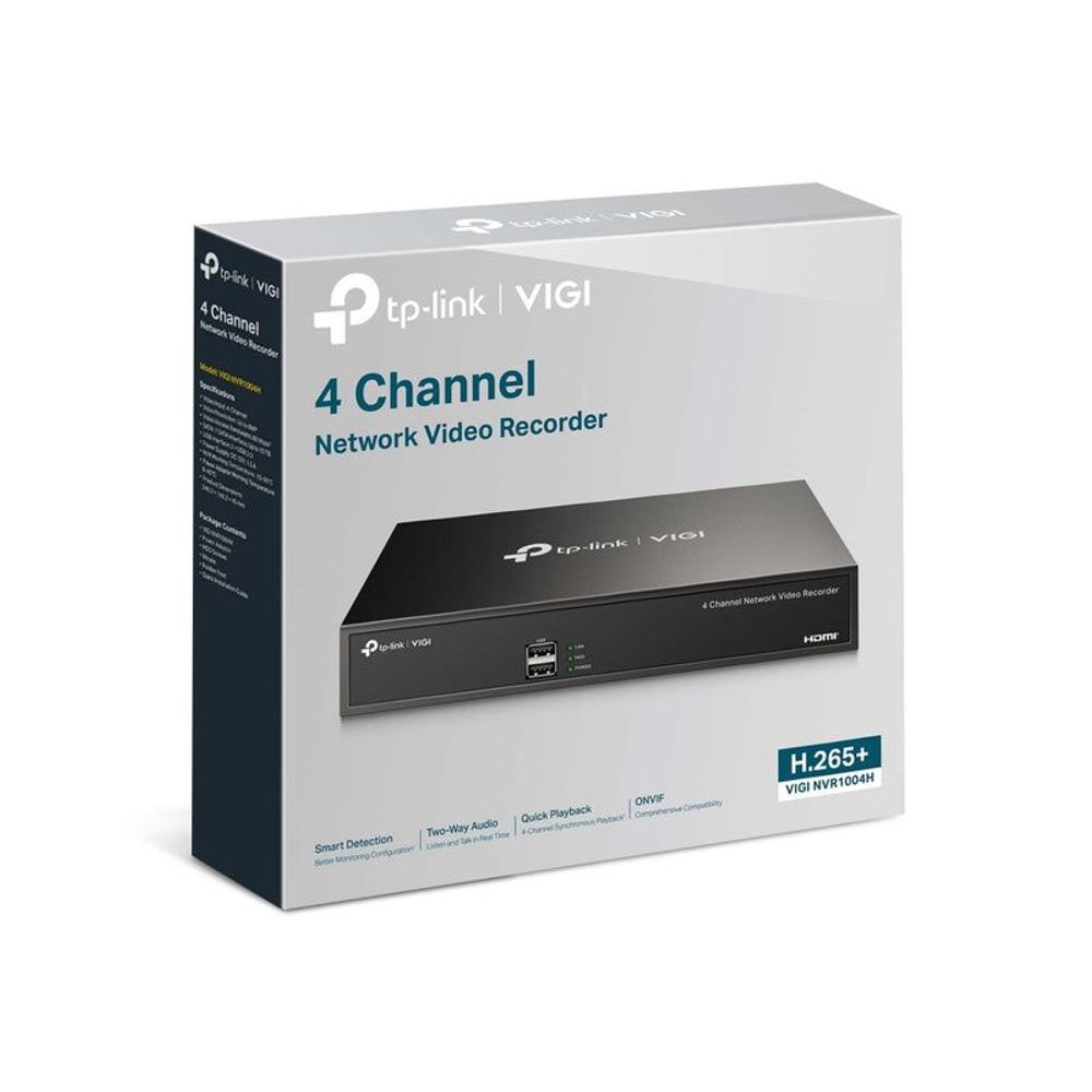 TP-Link VIGI 4 Channel Network Video Recorder retail box with H.265+ badge