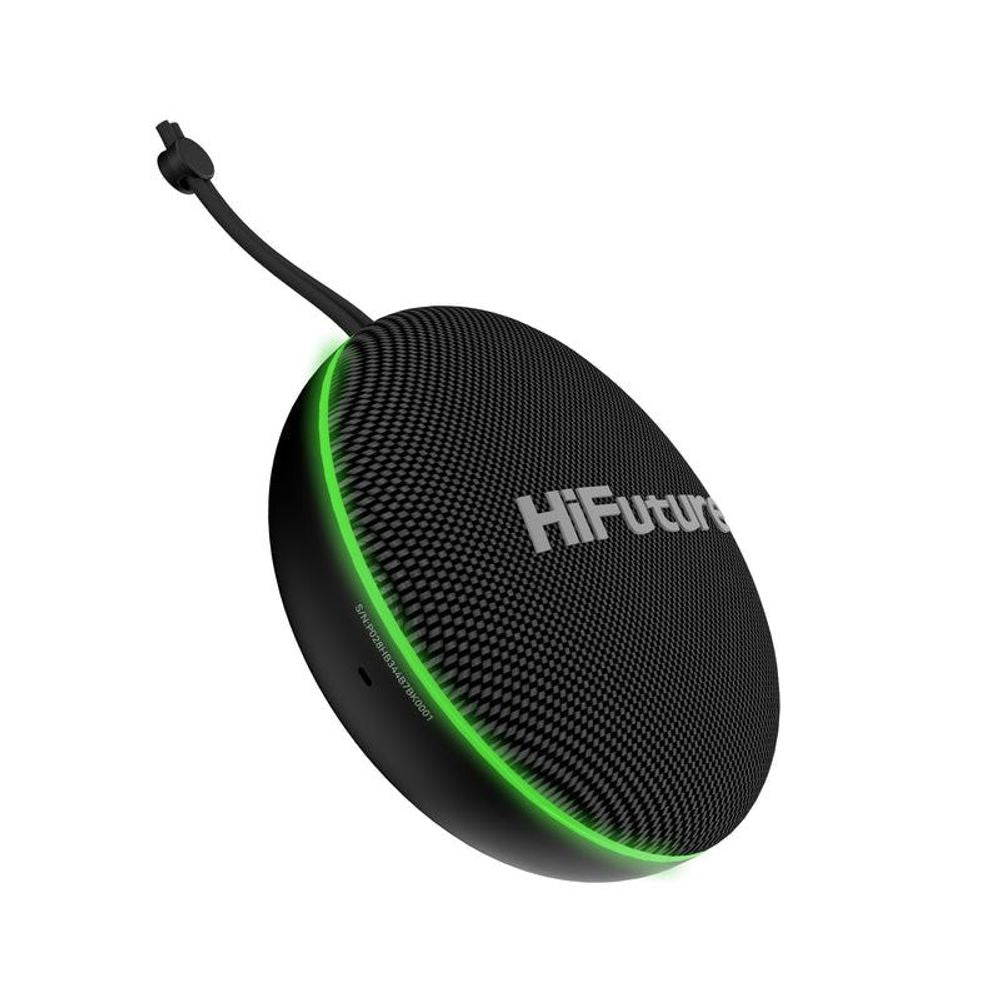 Black round Bluetooth speaker with glowing green illuminated rim and hanging strap