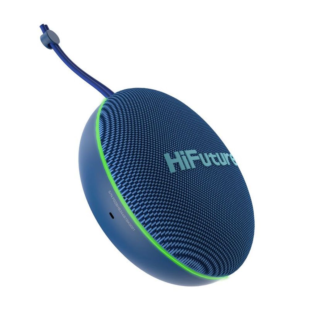 Blue oval outdoor Bluetooth speaker with neon green edge and side controls